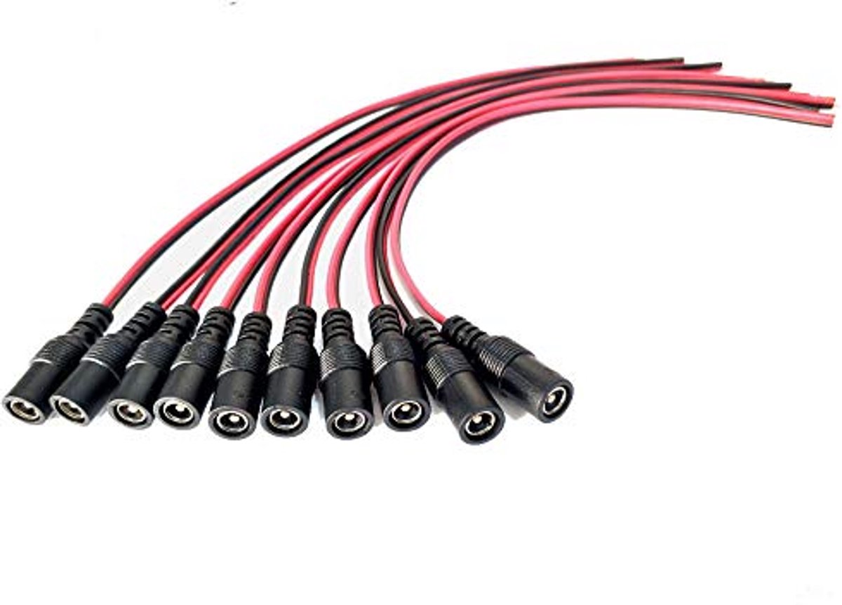10-Delige Power Pigtail Kabel Set - Mannelijke Stekker en Vrouwelijke Bus 5,5 x 2,1 mm voor CCTV Beveiligingscamera's