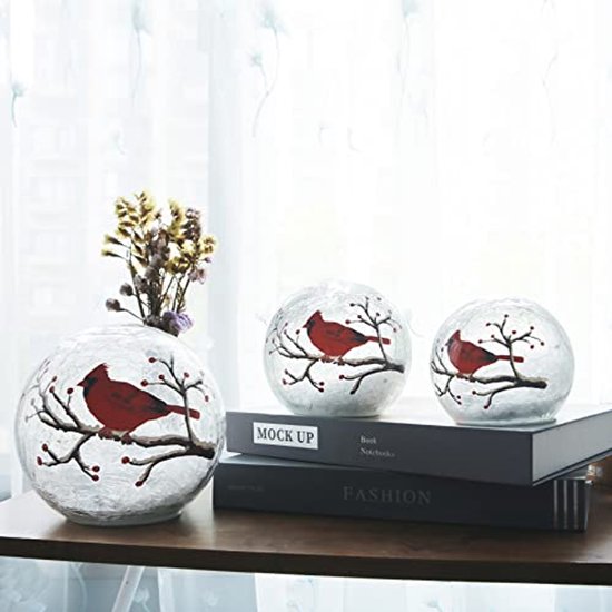 Grote Crackle Glass Ball Lamp met Kardinaal Thema - Verlichte Rode Vogel Globe Tafellamp - Decoratieve LED Nachtlamp van Merkloos — afbeelding 3