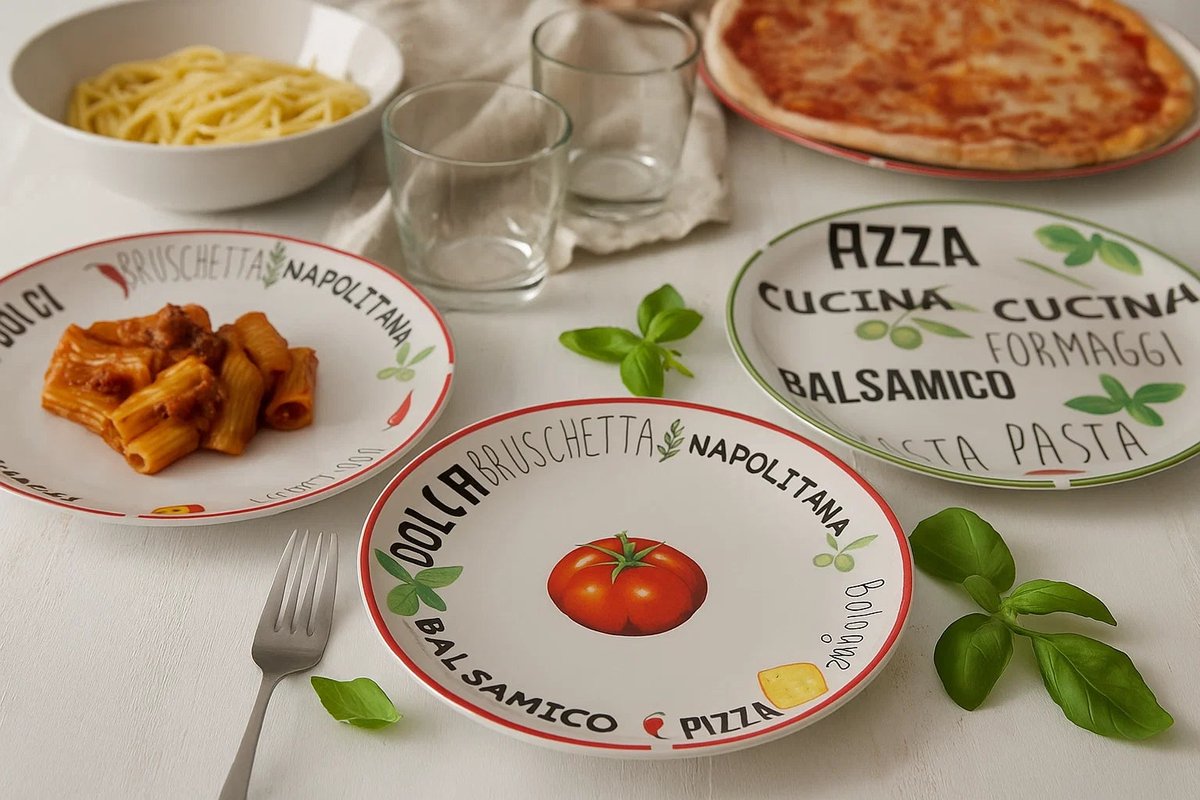 Cookinglife Pizzabord Italia Wit met groente-illustraties - 6 Stuks ø 30 cm - Porselein - Vaatwasser- en Ovenbestendig — afbeelding 4