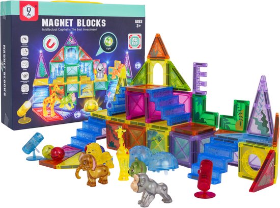Playos® - Magnetische Bouwblokken - Dierentuin - 64 delig - met Verlichting - 5 Dieren - Magnetisch Bouwen - Bouwstenen - Speelgoed - Sinterklaas