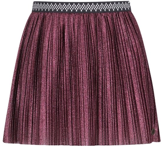 Glimmerende, geplooide roze rok met een zwart-wit geblokte elastische tailleband.