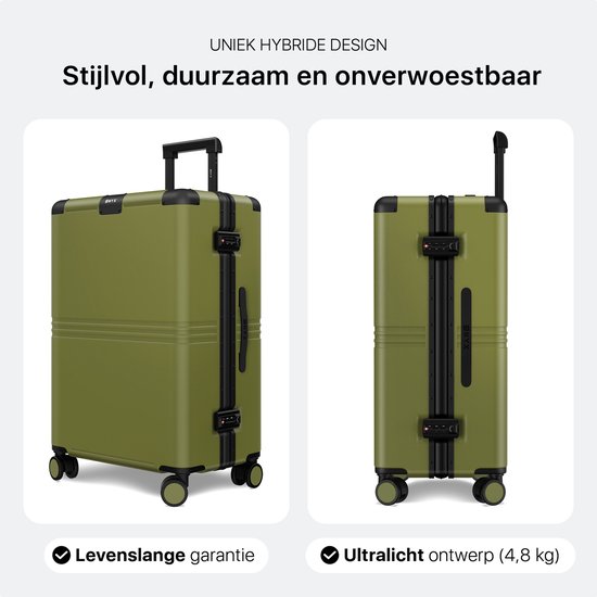 Olijfgroene koffer met zwart handvat en wielen. Twee posities getoond.