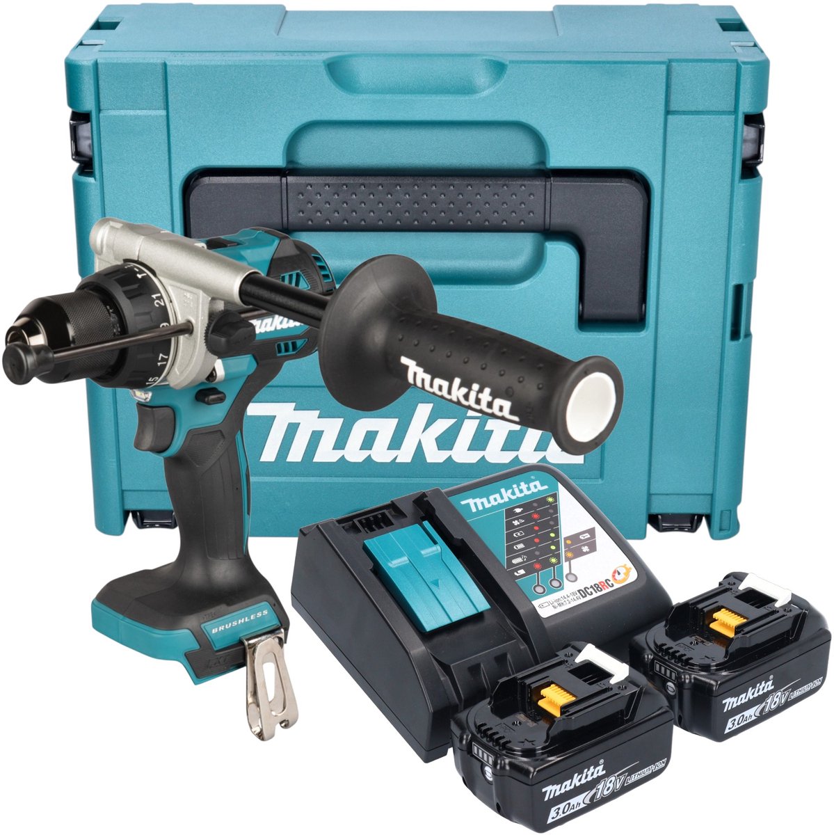 Makita DHP 492 RFJ accu-klopboormachine 18 V 141 Nm borstelloos + 2x accu 3,0 Ah + oplader + Makpac