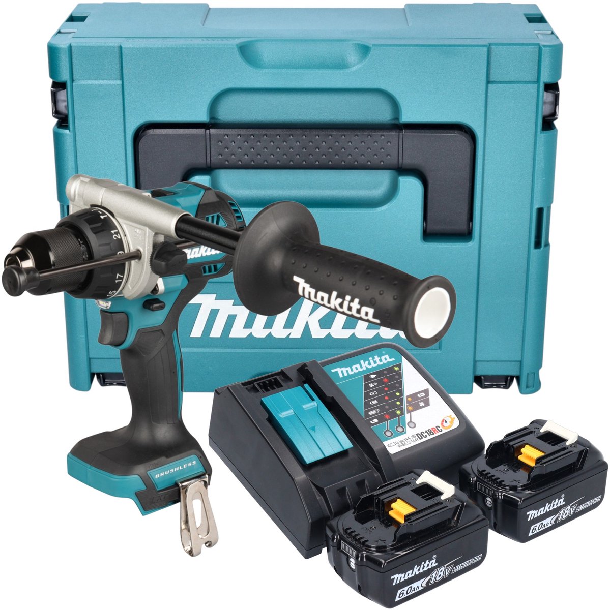 Makita DHP 492 RGJ accu-klopboormachine 18 V 141 Nm borstelloos + 2x accu 6,0 Ah + oplader + Makpac