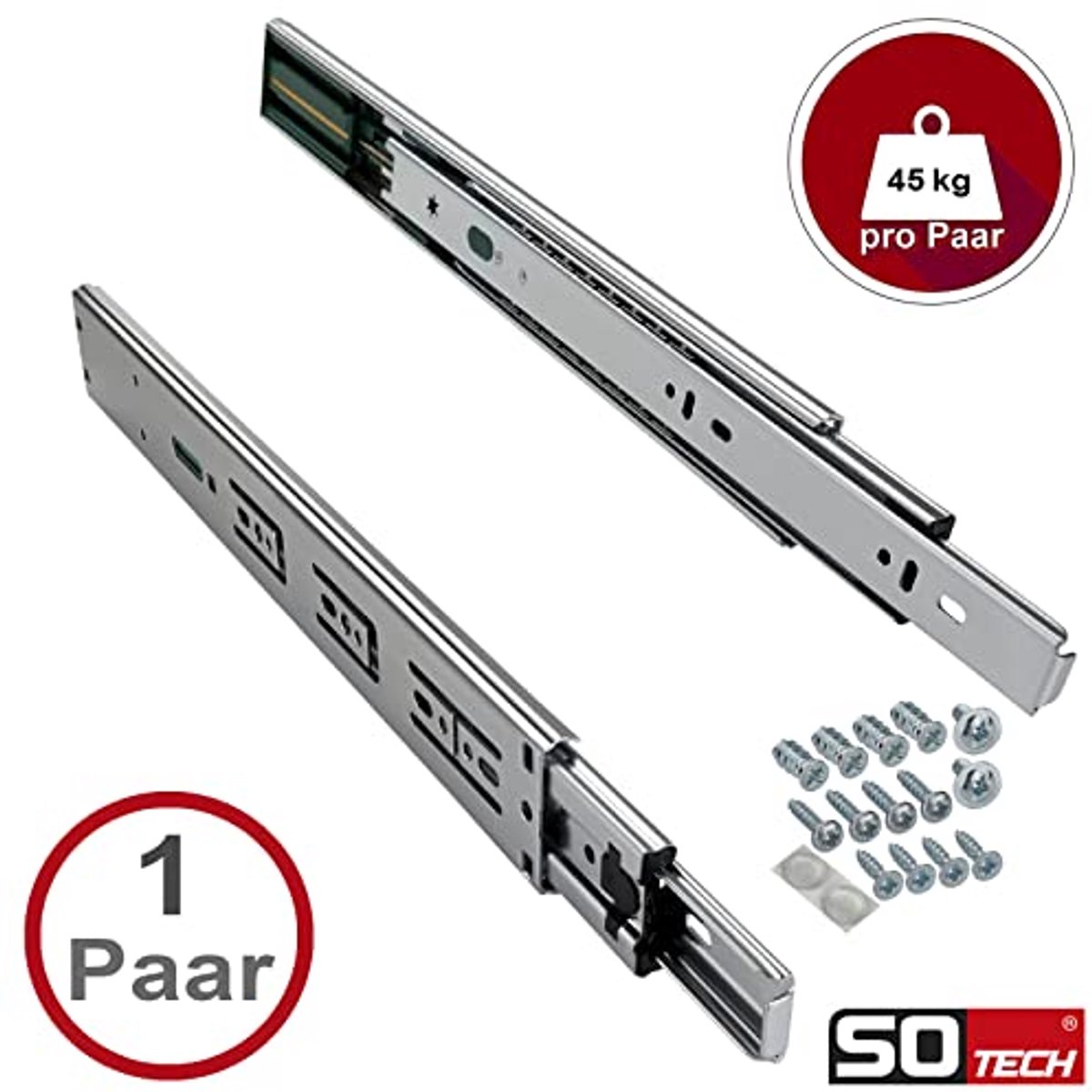 Volledig uittrekbare ladegeleiders 400 mm - Soft close met schroefset, max. belasting 45 kg