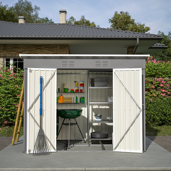 Abri de jardin en métal Pugsdrly 8x4 FT avec fondations métalliques (sans plancher), abri de jardin résistant aux intempéries pour une utilisation en extérieur, jardin, terrasse, gris