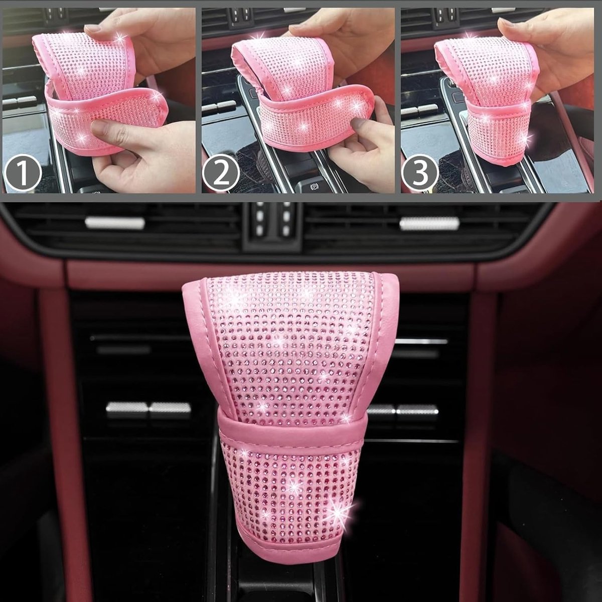 auto decoratie - Auto-accessoires set - 7 Stuks glinsterende decoratieset - bling-stuurhoes - gordelhoes - decoratieve auto - decoratie voor auto - Fonkelende diamantdecoratie - Auto-interieur - schattige complete interieurset - Roze – foto 2