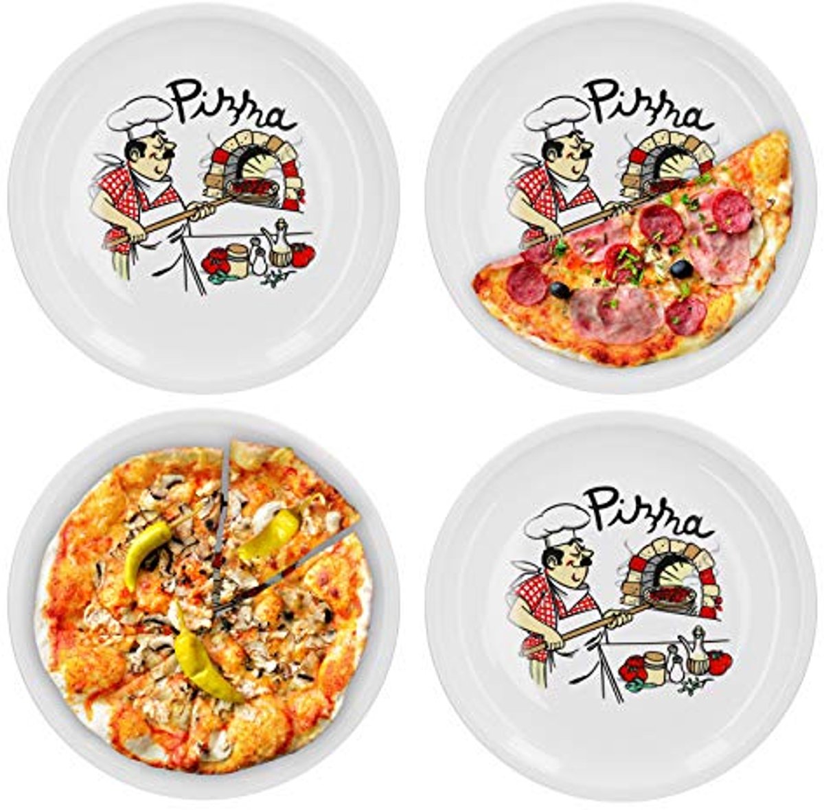 Set van 4 Italiaanse Pizzaborden - XL Porselein, Magnetronbestendig, Vaatwasmachinebestendig, Stapelbaar - Perfect voor Pizza en Pasta