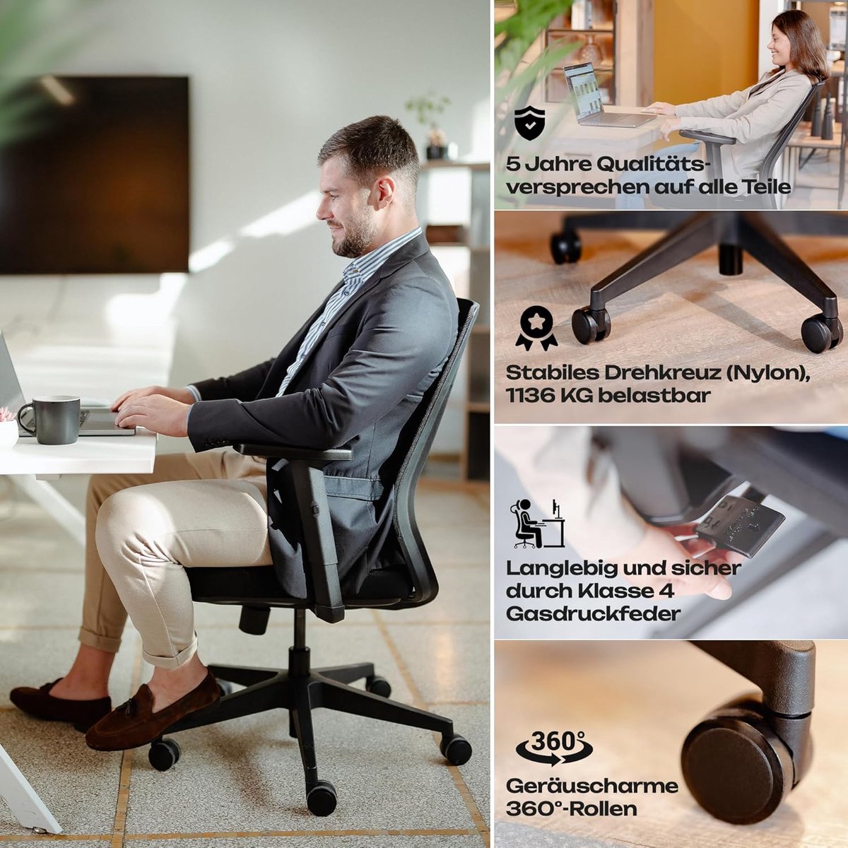 Yesdeals M2 Ergonomische Bureaustoel – Testwinnaar – Zonder Hoofdsteun – Verstelbare Armleuningen & Lendensteun – Ergonomische Bureaustoel voor Thuis & Kantoor – Rugvriendelijke Design Stoel – Zwart Yesdeals