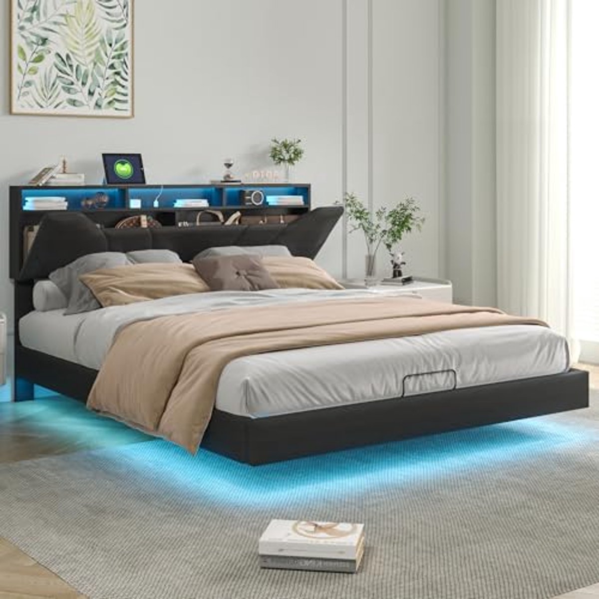 Tweepersoonsbed 140x200 cm met LED-verlichting en USB-opladen – Hoogte verstelbaar en hydraulisch bedframe