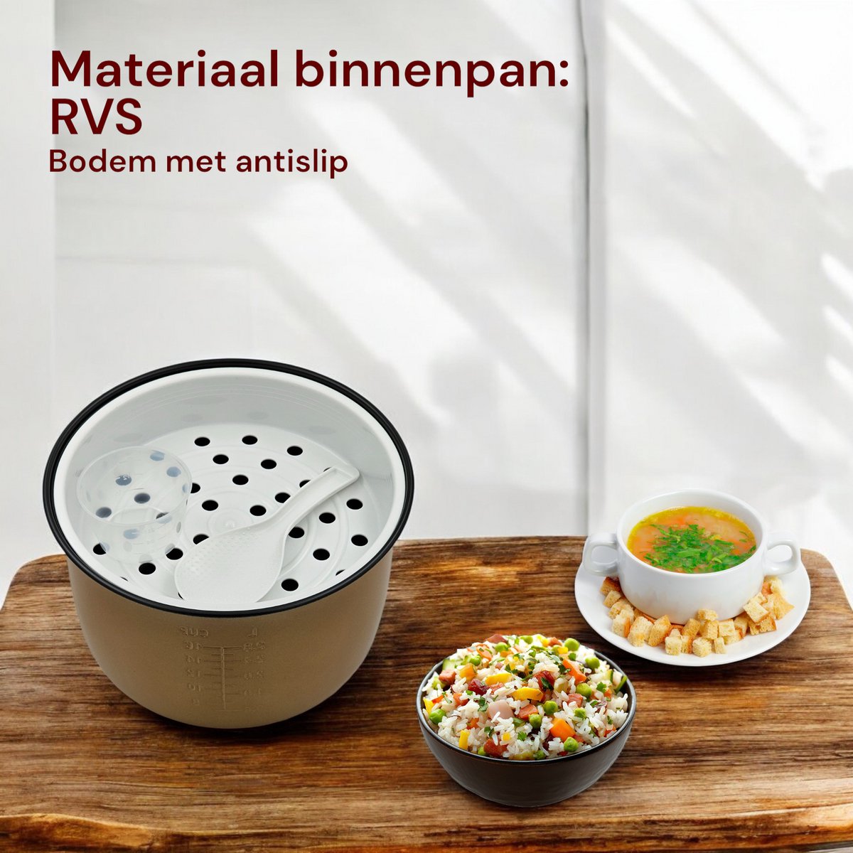 Royal Swiss – Rijstkoker 2.8L – Elektrische Rijstkoker in Donkerrode Kleur – Antiaanbaklaag, Warmhoudfunctie & Stoommandje thumbnail 6