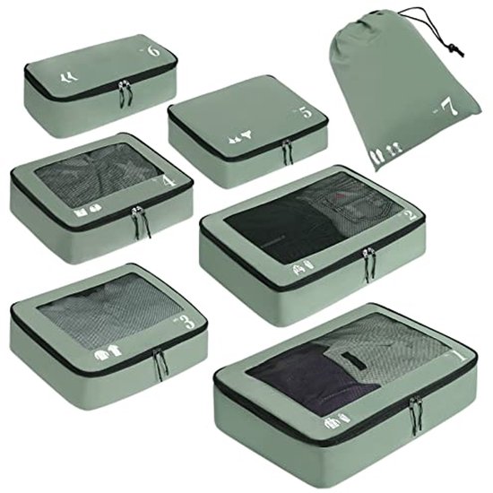 Cubes de rangement pour valise - Ensemble de 7 pièces comprenant des organisateurs de voyage et des sacs à chaussures - Équipement de voyage éco-responsable et écologique