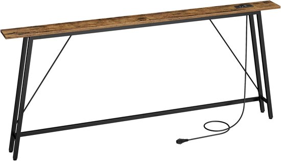 Smalle consoletafel met houtnerf-look blad en zwart metalen frame, voorzien van een ingebouwd oplaadstation met stopcontact en USB-poorten.