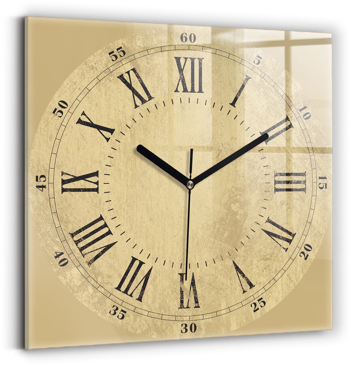 Wallfluent Wandklok - Bronzen Romeinse cijfers Decoratieve Wandklok - 30 cm x 30 cm - Geel Wandklok - Zwarte Handen - Wandklok zonder cijfers - Wandklok Glas Woonkamer - Klok als Muurdecoratie - Modieuze Klok - Klok met Print