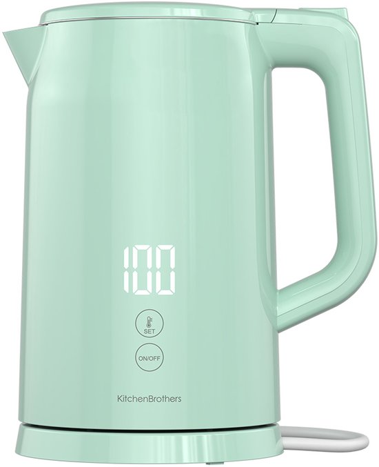 KitchenBrothers Waterkoker - 1.7L - Met Temperatuurregeling - Elektrisch - Warmhoudfunctie - Display - Dubbelwandig - Cool-touch - 2200W - Pastelgroen