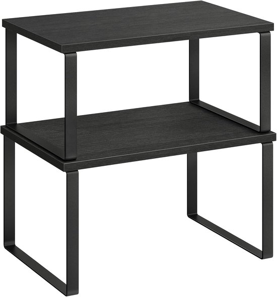 Famanu - Kruidenrek, set van 2, kastorganizer, uitbreidbaar keukenopbergrek, stapelbaar kruidenrek, metaal, bewerkt hout, inktzwart en boszwart KCS02B01