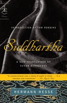 De omslag van het boek 'Siddhartha' van Hermann Hesse. De achtergrond is een close-up van boomwortels. De titel 'Siddhartha' staat in sierlijke gele letters.