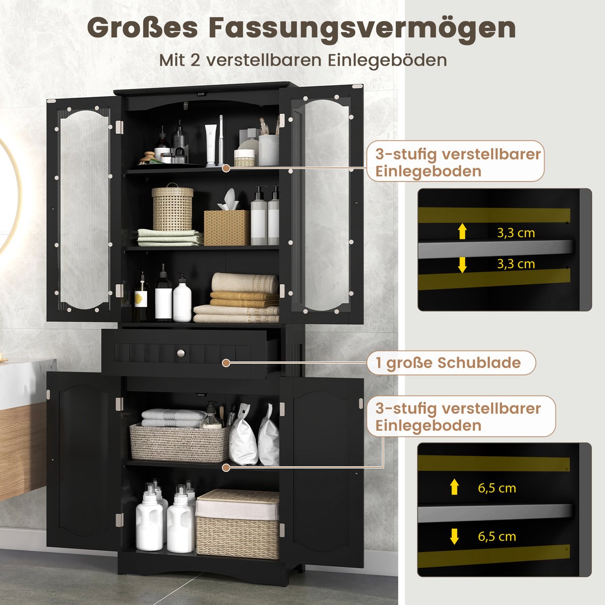 Vrijstaande Hoge Kast voor de Badkamer met 4 Deuren Badkamerkast met Kantelbeveiliging Zwart 164 cm - Costway