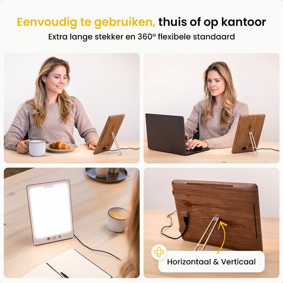 Vrouw lacht en houdt een daglichtlamp met bruine rand vast. Tekst: 100% oogveiligheid, UV-vrij, voldoet aan veiligheidseisen.