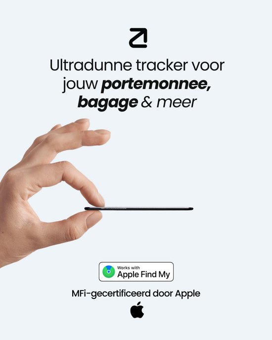 Dunne zwarte tracker gehouden tussen duim en wijsvinger.