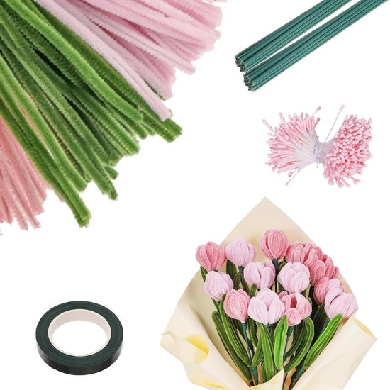 300 stuks pijpenragers, bloemen, wit, roze, groen, pijpragers, bloemenboeket, pijpenragers om te knutselen, bloemen, voor tulpenboeket, knutselprojecten en decoraties