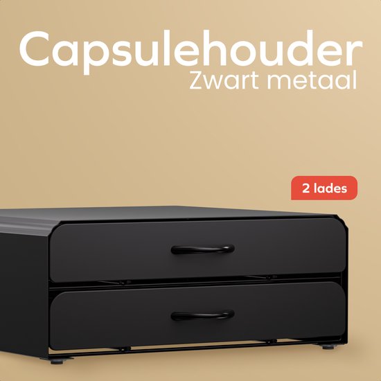 Porte-capsules noir en métal avec 2 tiroirs, avec le texte 'Capsulehouder Zwart metaal'.