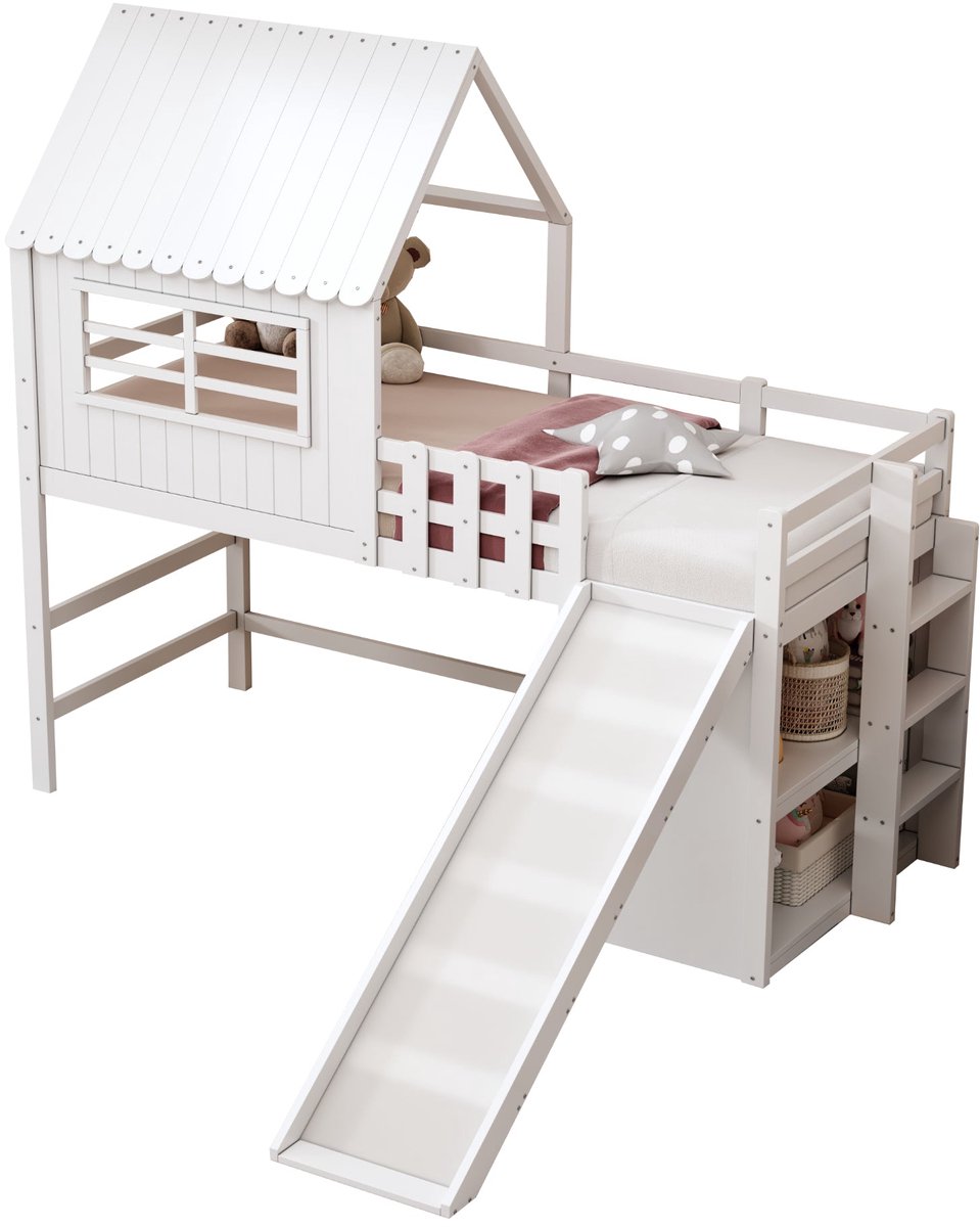 Merax Kinderbed Hoogslaper 90x200 met Glijbaan en Opbergruimte – Huisbed Design – Wit