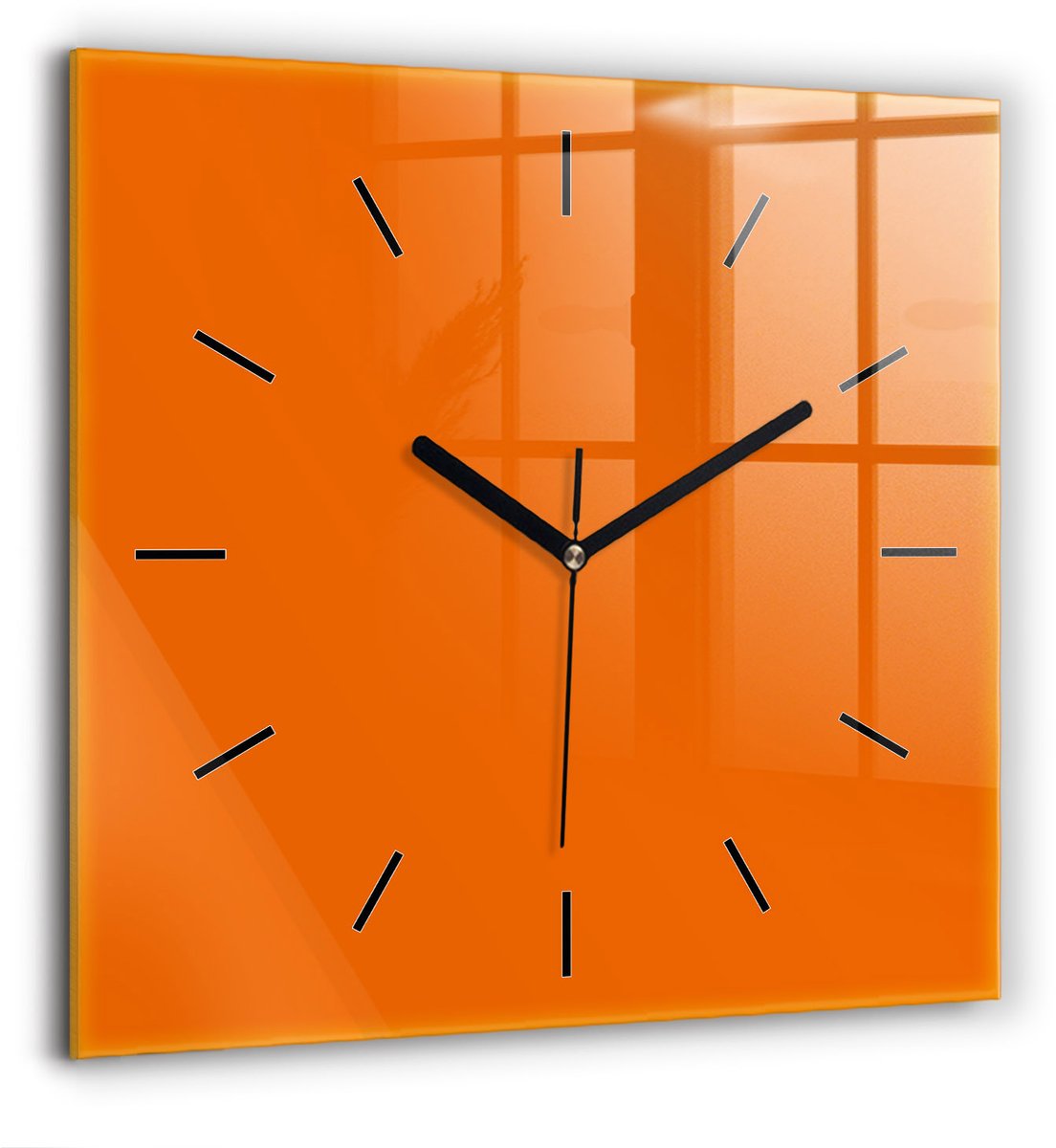 Wallfluent Wandklok - Oranje Vierkante Glas Klok - 60 cm x 60 cm - Oranje Wandklok - Zwarte Handen - Wandklok Zonder Cijfers - Wandklok Glas Woonkamer - Vierkante Glazen Klok - Minimalistisch Wandklok - Vierkante Glazen Wandklok