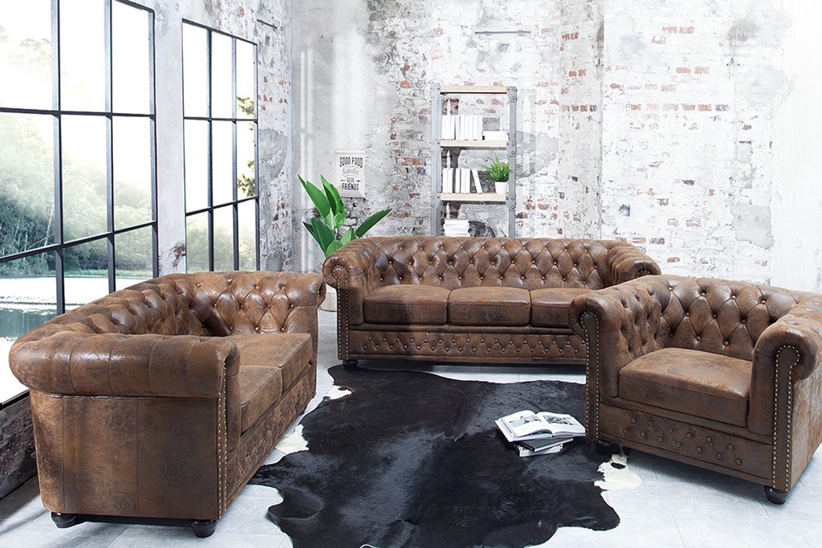 Chesterfield 3-zitsbank 205cm antiekbruin met knoopstiksel en veerkern - 17382
