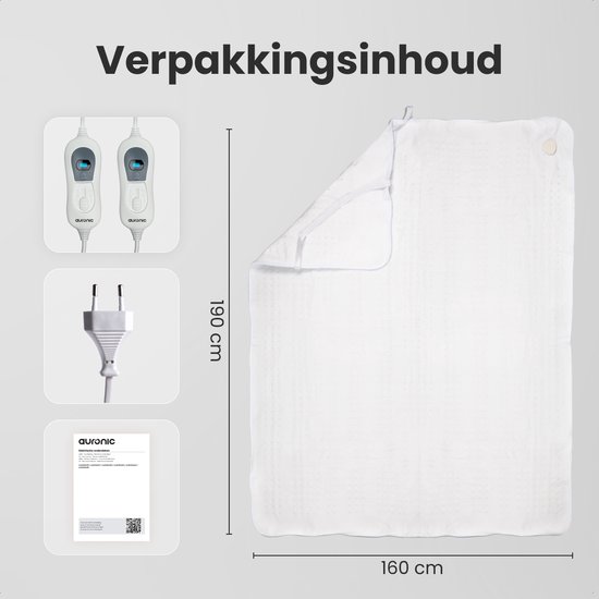 Verpakking van een wit elektrisch deken van 190x160 cm met twee controllers, een stekker en handleiding.