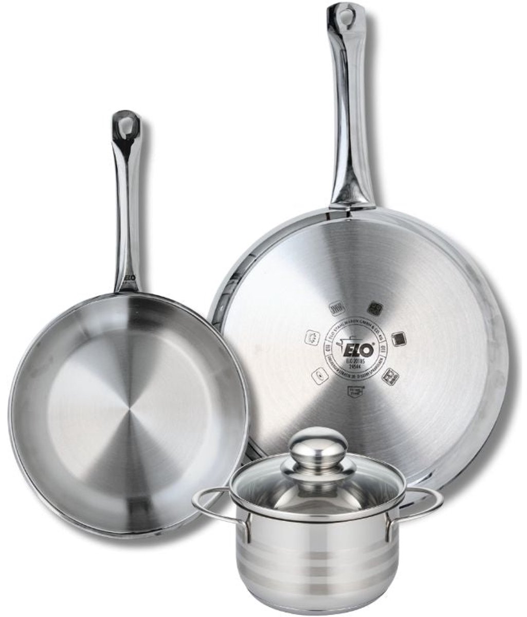 Set van 2 Koekenpannen 24 en 28 cm en 1 braadpan 14 cm Elo Profi Brillant