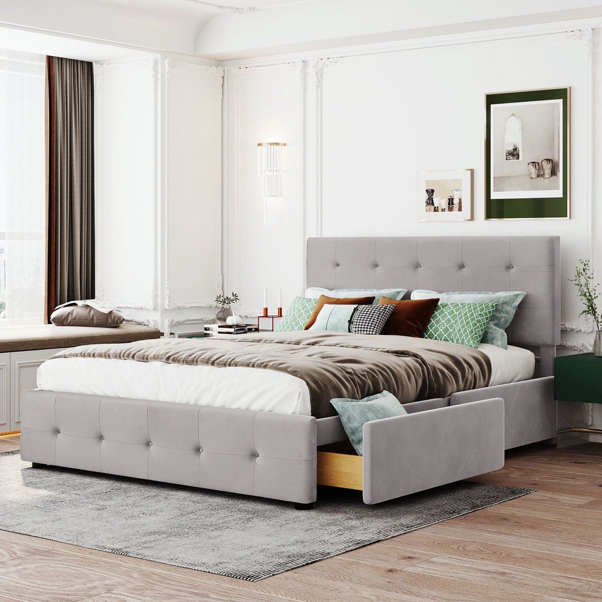 Merax 140 x 200 cm Gestoffeerd bed met laden - tweepersoonsbed met lattenbodem en rugleuning - grijs - zonder matras