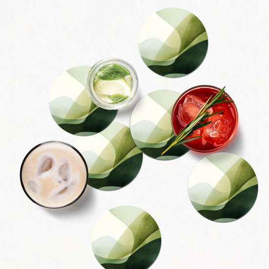 Sous-verres de verre - Rond - Vagues - Abstrait - Vert clair - Ornement - 10x10 cm - Dessous de verre - 6 pièces