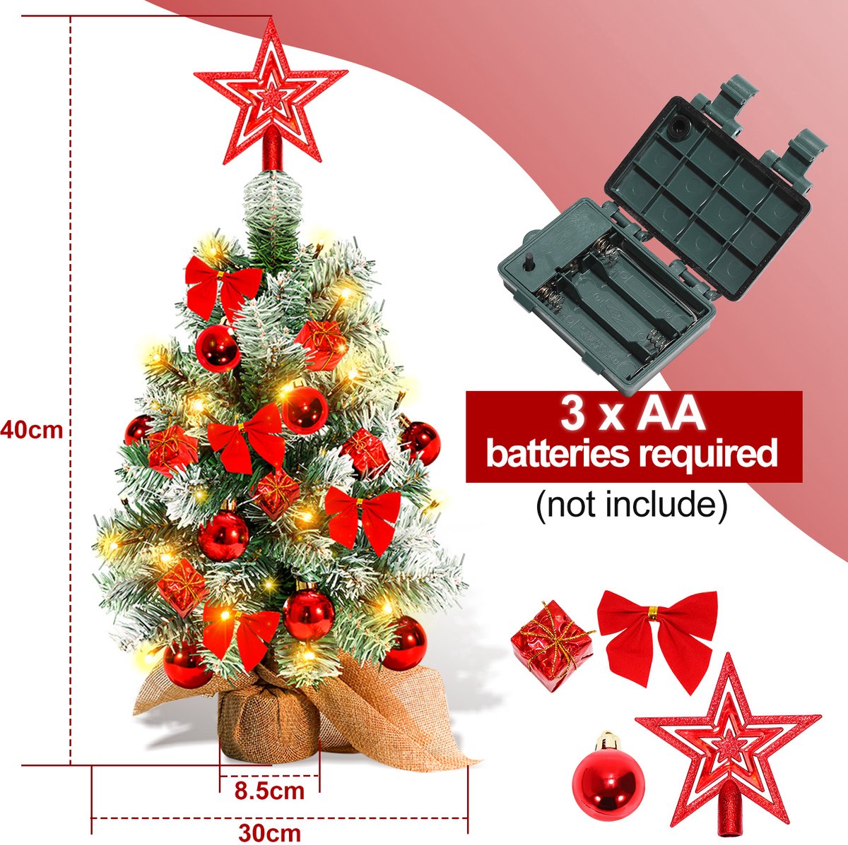 Mini kerstboom met LED verlichting en sneeuw - Kunstkerstboom - Kleine boom met verlichting en decoratie - Kunstboom - Kerststukje - Christmas Tree - Rood – foto 3