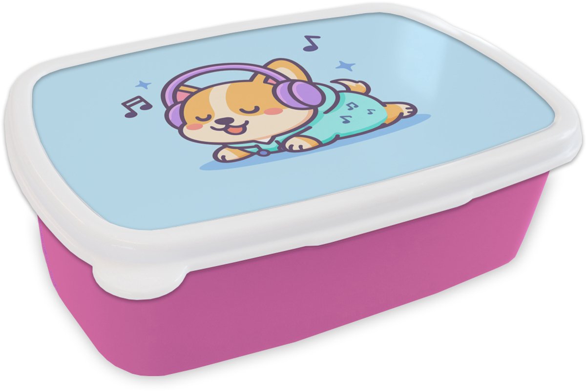 Broodtrommel Roze - Lunchbox Corgi - Koptelefoon - Blauw - Muzieknoten - Brooddoos 18x12x6 cm - Brood lunch box - Broodtrommels voor kinderen en volwassenen
