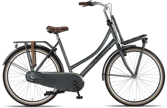 Donkergrijze Altec transportfiets voor dames, 28 inch, met bruin zadel en bruine handvatten.