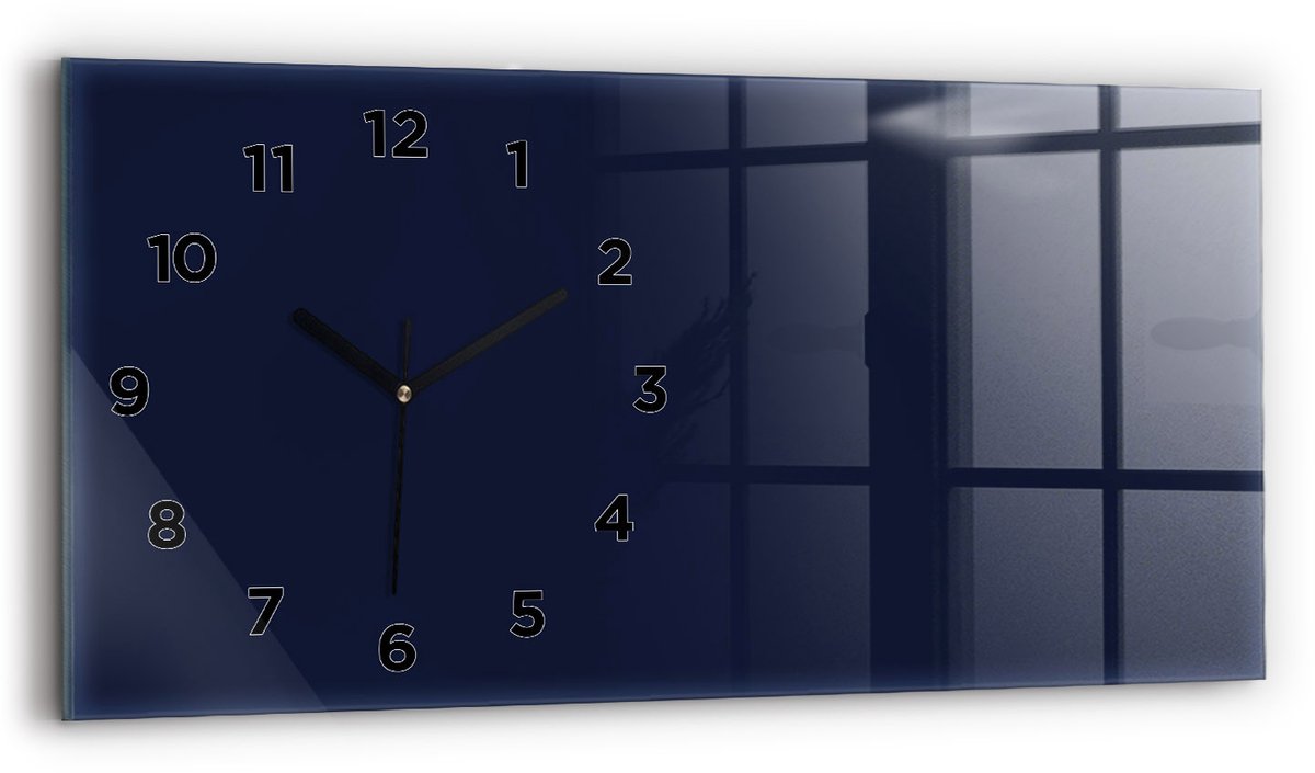 Wallfluent Wandklok - Donker marineblauw Glazen Klok Rechthoekige - 60 cm x 30 cm - Donker marineblauw Wandklok - Zwarte Handen - Wandklok Met Cijfers - Stille Wandklok Slaapkamer - Glas Klok - Industrieel Wandklok - Rechthoekige Glazen Wandklok