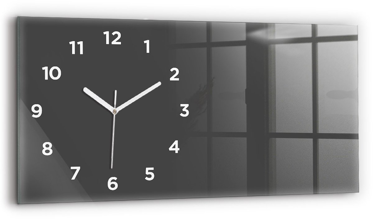 Wallfluent Wandklok - Grijs Rechthoekige Glazen Wandklok - 60 cm x 30 cm - Grijs Wandklok - Witte Handen - Wandklok Met Cijfers - Stille Wandklok Slaapkamer - Glazen Klok Rechthoekige - Minimalistisch Wandklok - Rechthoekige Glas Klok