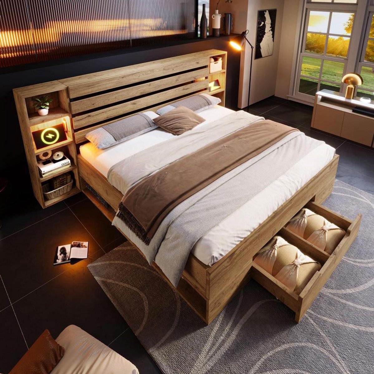 KOMHTOM BLACKCOLORS Bed 160×200 cm Met matras met lades Bedset met ledverlichting en USB C en opberglades Eiken