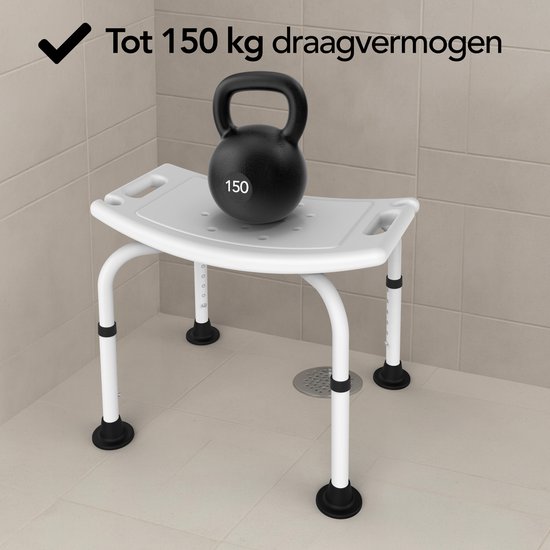 Witte douchekruk met een gewicht van 150 kg, in een douchecabine.