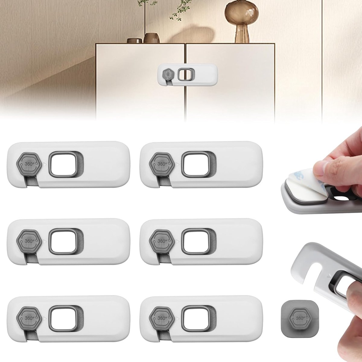Image of 6 stuks Kinderslot kastjes - Veiligheidssloten voor baby's - Kinderslot - Kinderslot - Koelkast Slot - Kinder Beveiliging - Deurbeveiliging - Kinderveiligheid Kastdeuren - Zonder boren - Veiligheidsslot - Baby Slot - Lade Slot - Lichtgrijs