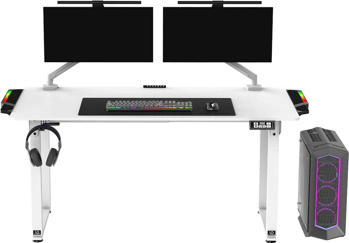 Ultradesk UPLIFT LED RGB – Wit – Elektrisch Verstelbaar Bureau met Verlichting – Zit/Stabureau voor Gaming, Home Office & Kantoor – Inclusief Accessoires