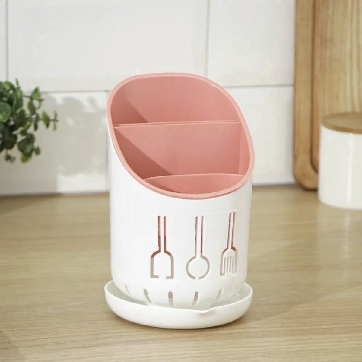 Bestek afdruiprek met uitlekbak - Keukengerei Droger - Compact & Stevig - Wit/Roze