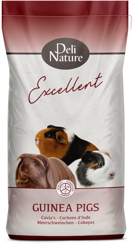 Deli Nature Excellent voer voor cavia's. De zak toont drie cavia's.