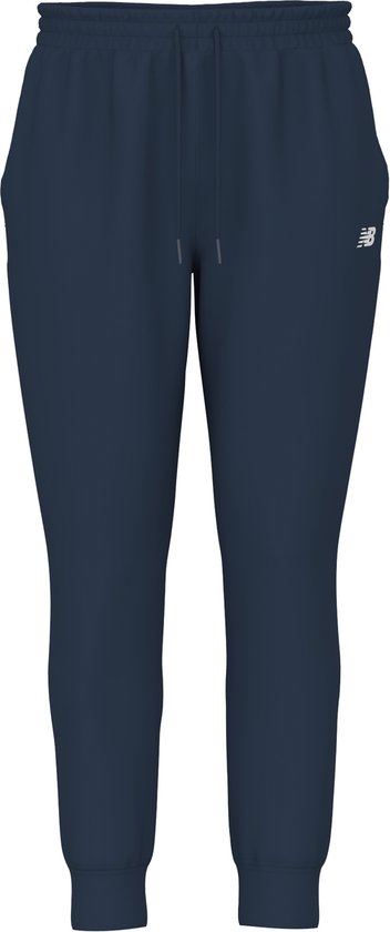 Pantalon de jogging bleu marine avec logo New Balance sur la hanche gauche, cordon de serrage et poignets élastiques.
