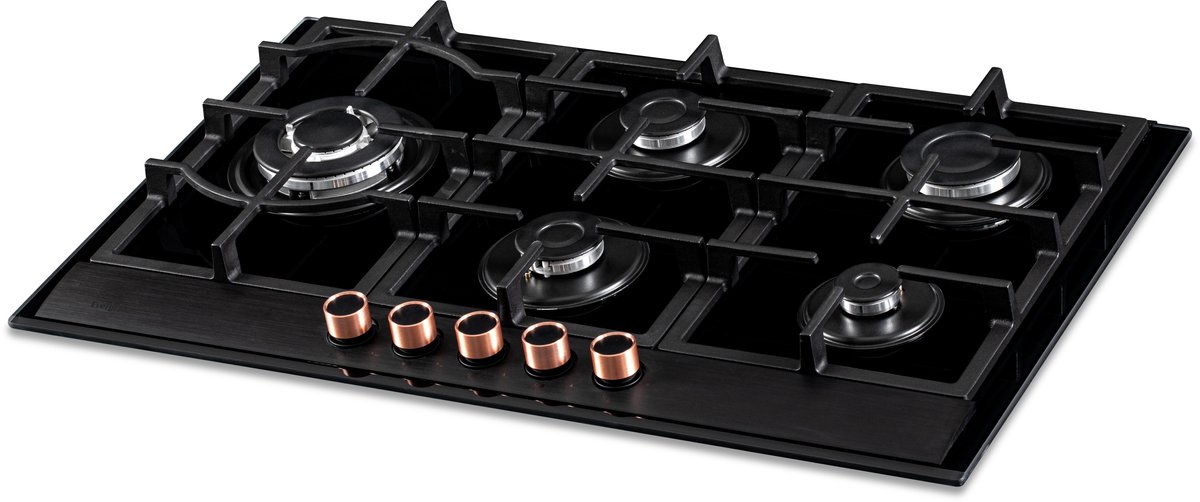Everglades EVBI8950 - Inbouw Gaskookplaat - 90CM - Gas op Glas - Wok Brander - Gietijzeren Pannendragers - Incl. 2 setjes Knoppen Koper + RVS - Geïntegreerde Vonkontsteking - Vlambeveiliging - 5 Jaar Garantie
