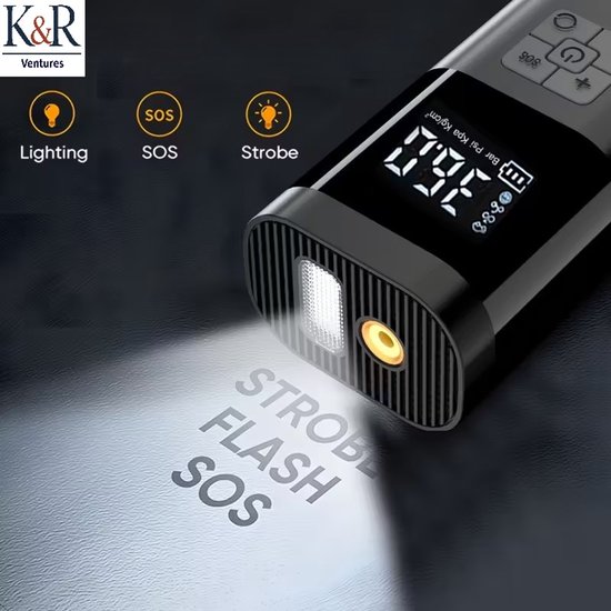K&R Elektrische Fietspomp - Luchtcompressor - Bandenpomp - Ballenpomp - Voor Fiets, Scooter & Auto - met LED verlichting en digitale display - compact - usb oplaadbaar van Merkloos — afbeelding 4