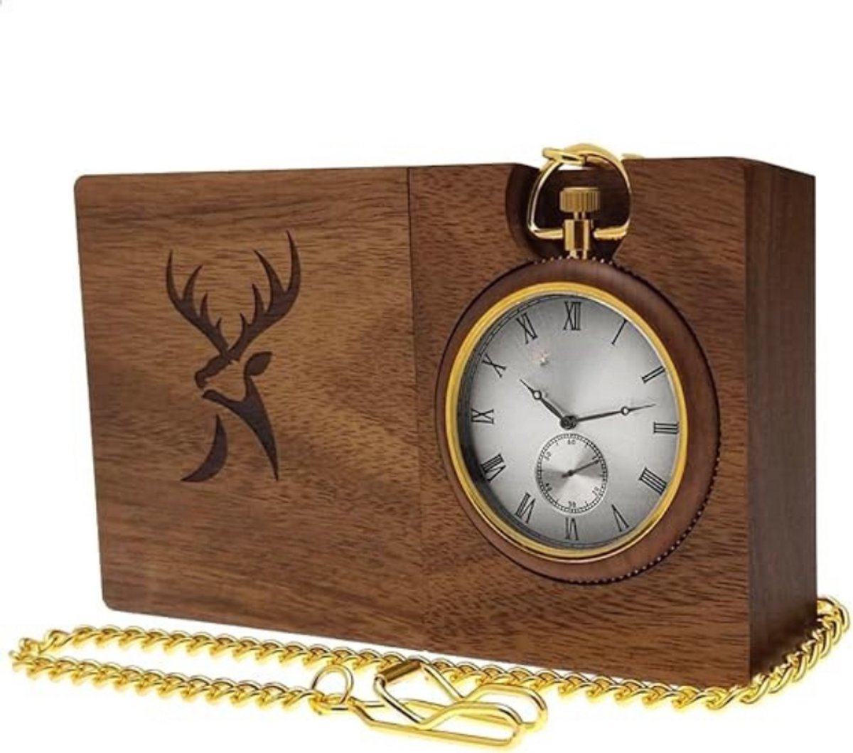 2-In-1 Handgemaakt Zakhorloge En Tafelklok - Ecologisch Natuurhout - Zakhorloge Met Ketting - Bruin Goud Zilver - Romeinse Cijfers - Klassieke Grootvaderstijl Klok