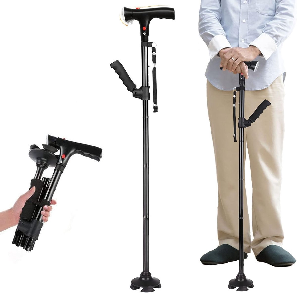 Cuhostki - 1 Stuk - Wandelstok - Wandelstok met LED verlichting - Opvouwbare Wandelstok voor Ouderen - Aluminium Wandelstok met LED Lamp - Zwart - 360° Anti-Slip - 250 Lbs Draagvermogen - Extra Staande Handvat