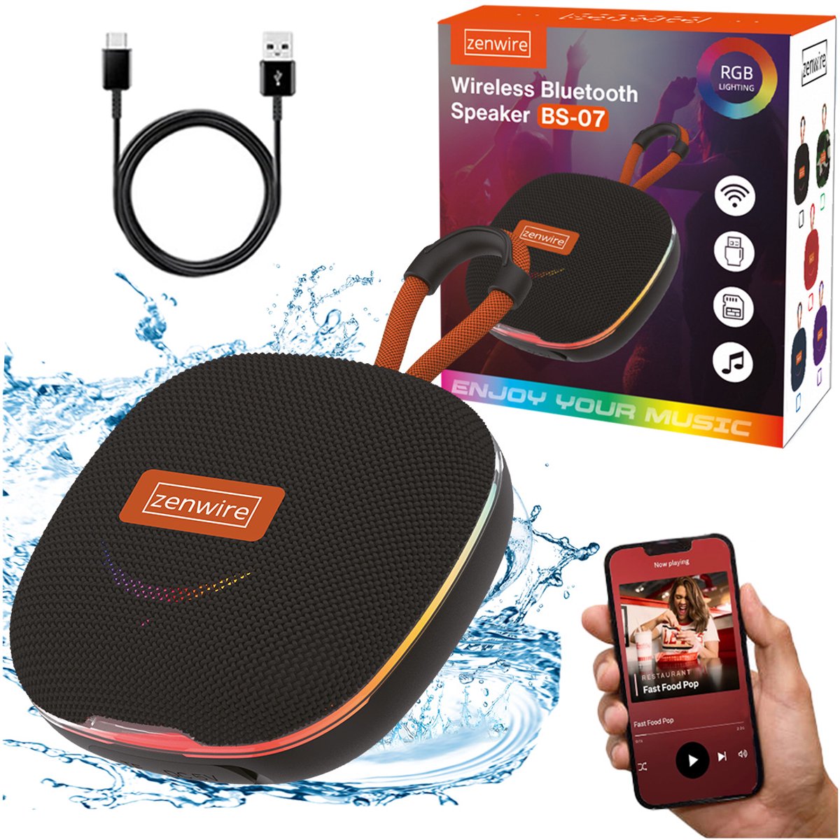 Zenwire Vibe BS–07 - Mini draagbare luidspreker - Bluetooth 5.3 - 13 W - FM-radio - USB/TF-speler - Microfoon - Compacte behuizing - 1000 mAh - TWS - USB-C - Micro SD-kaartlezer - RGB-achtergrondverlichting